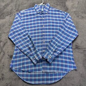 Ledbury Tailored Fit Plaid Button Down Shirt Men's 17 Blue Linen Made in Turkey